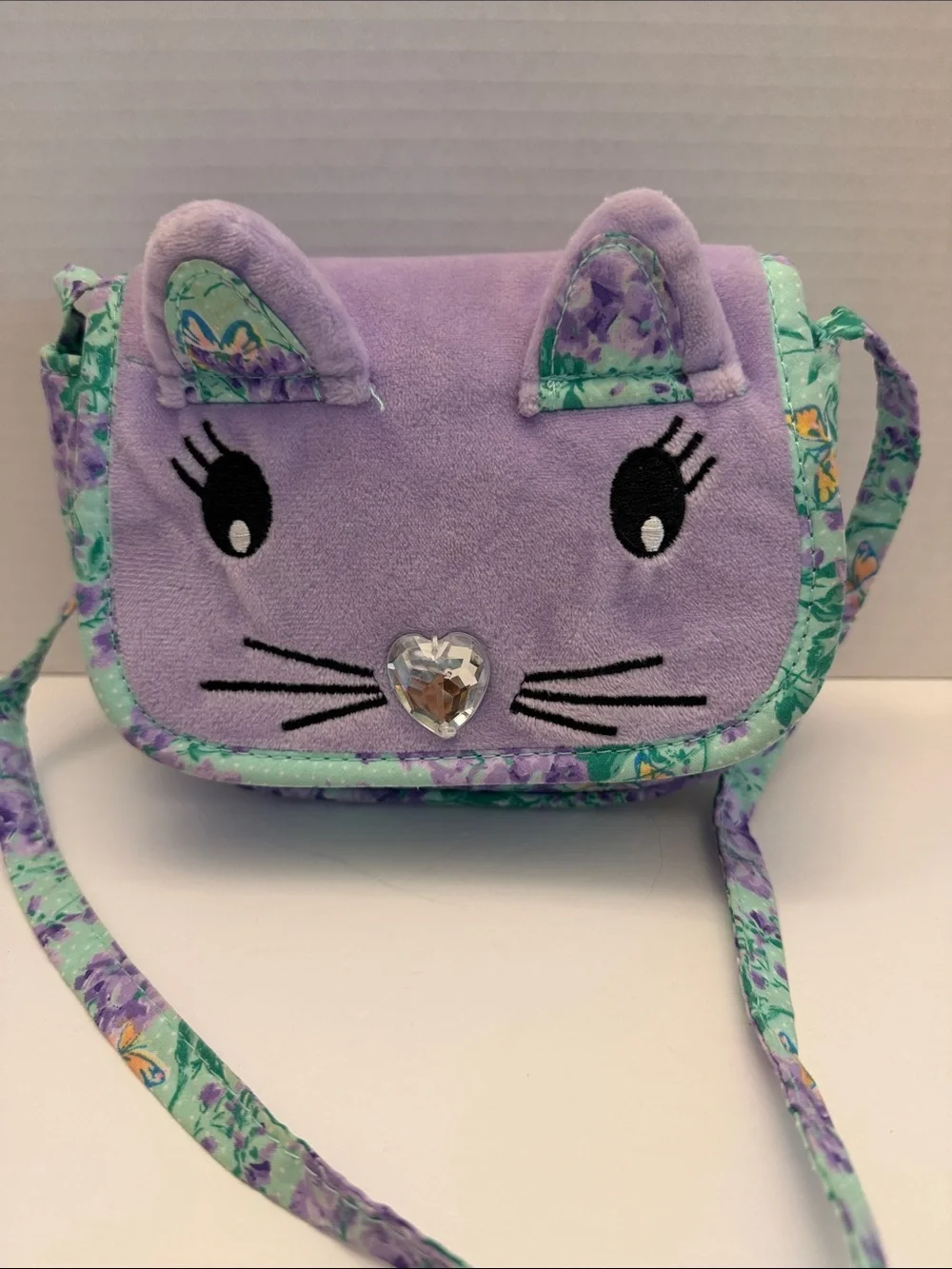Laura Ashley Kids Plush Cat Crossbody Bag in Lavender and Mint NWOT